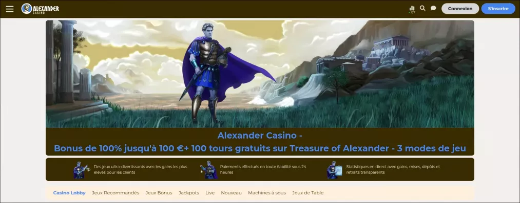 Alexander Casino avec bonus de 100% jusqu'à 500 € et 250 tours gratuits